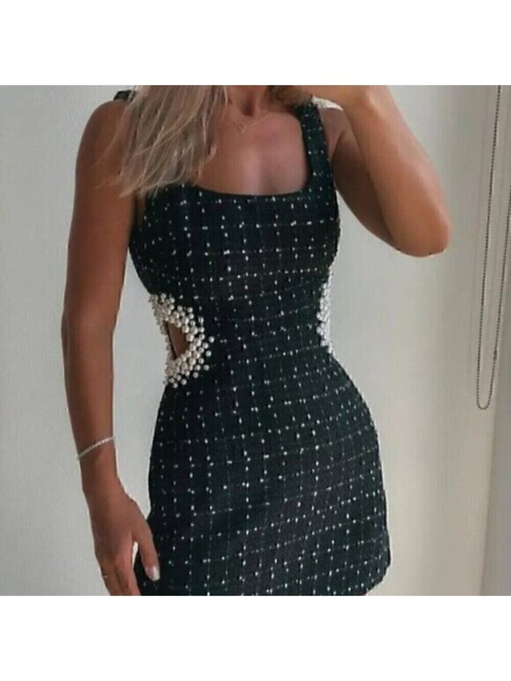 Black Texture Tweed Weave Cutout Mini Dress With Faux Pearls L - Picture 3 of 16